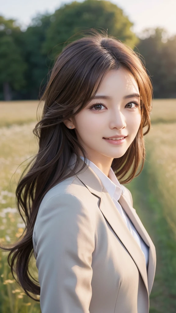 highest quality、genuine、Super detailed、finely、High resolution、8k wallpaper、one beautiful woman、、、light brown disheveled hair、wearing a business suit、sharp focus、perfect dynamic composition、beautiful and detailed eyes、thin hair、Detailed genuine skin texture、smile、model body shape、In a windswept meadow