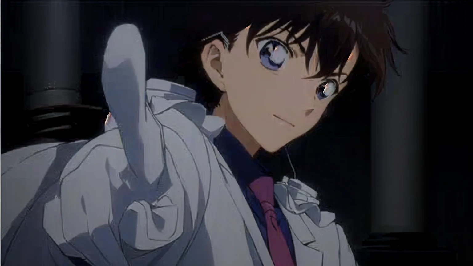 masterpiece, Highest quality, (Highly detailed CG Unity 8K wallpapers), (Highest quality), (Best illustrations), (Best Shadow), Absurd, Realistic lighting, (abyss), Beautiful sparkle, A cartoon character wearing a white coat and tie pointing at something, Shinji, Shinji ikari, makoto kano, aramaki Shinji, Another Iwakura, yukio - e, shinichi sakamoto, Another close-up of Iwakura, makoto shinka, close up of Another Iwakura, With index finger, Wearing a white coat