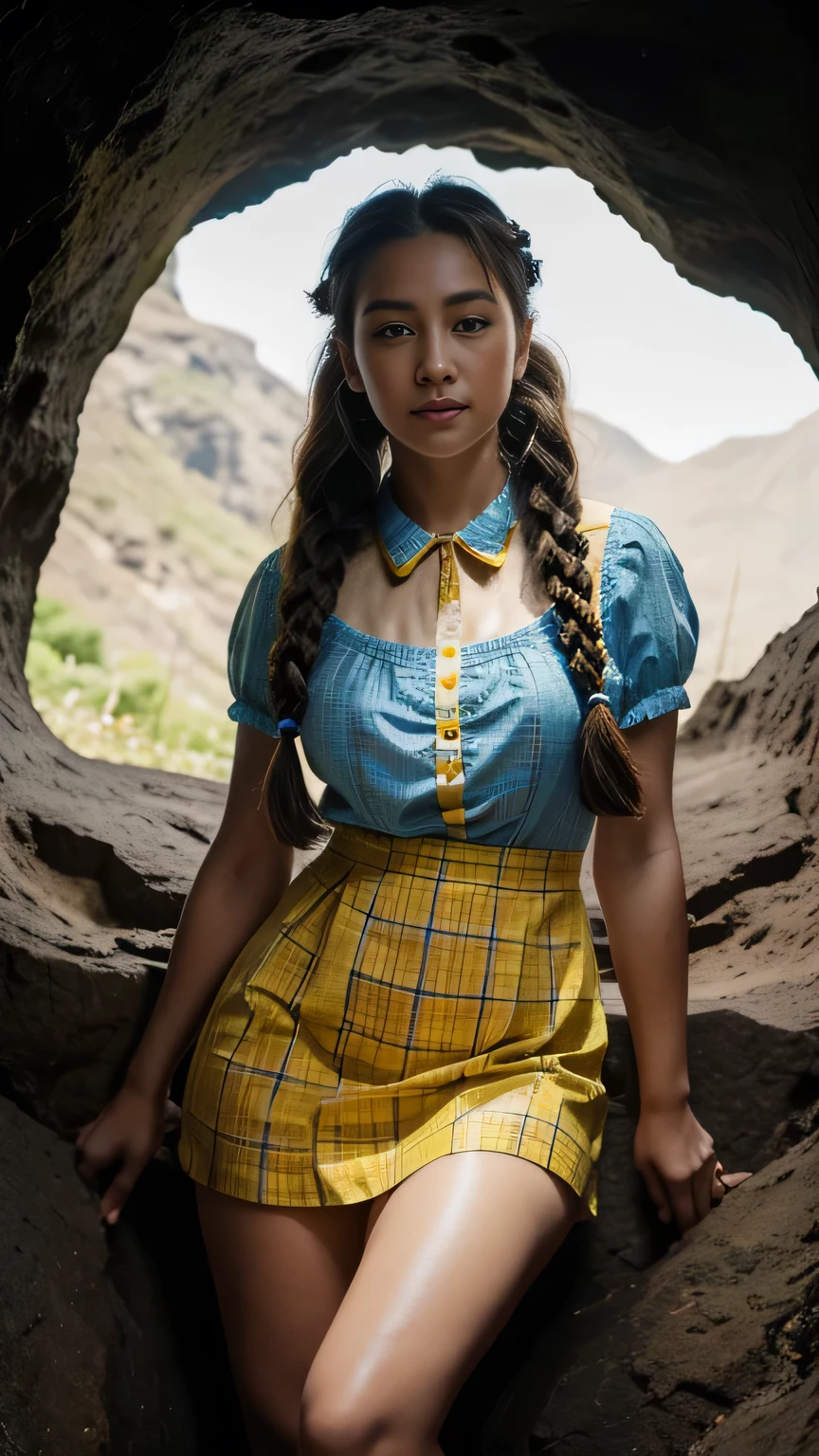 (Surreal), (picture), (High resolution), (In 8K), (Very detailed), (Best Illustration Photos), (Beautiful and fine details), (Highest quality), (Ultra-detailed), (masterpiece), (wallpaper), (Detailed face), solo, One Girl, White Wavy Hair, Korean Beauty,Black Eyes, (A loose-fitting blue and yellow checked maid outfit), Long legs, Toned Abs, stockings、((Curly hair in braids、good1))、In a dark cave