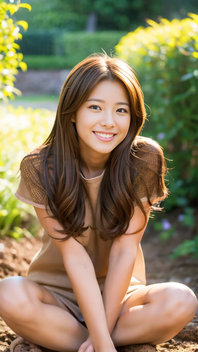 Browsing Caution, Beautiful woman, smile, Muddyのタンクトップのみ着用, Horticulture, Muddy, plant, (Spread your legs, Sitting, There may be a little bit of private parts showing.:1.2), Highest quality, Very detailed, Realistic, photoRealistic:1.37, Professional Lighting, Bright coloressy brown hair、Long Hair