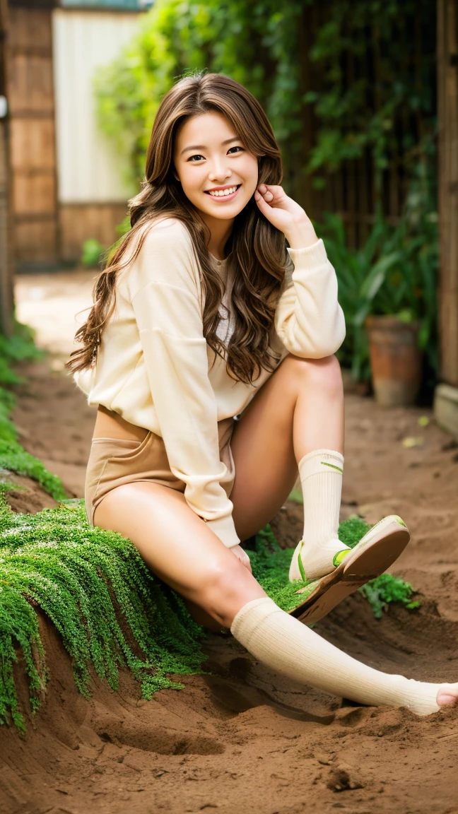 Browsing Caution, Beautiful woman, smile, Muddyのタンクトップのみ着用, Horticulture, Muddy, plant, (Spread your legs, Sitting, There may be a little bit of private parts showing.:1.2), Highest quality, Very detailed, Realistic, photoRealistic:1.37, Professional Lighting, Bright coloressy brown hair、Long Hair