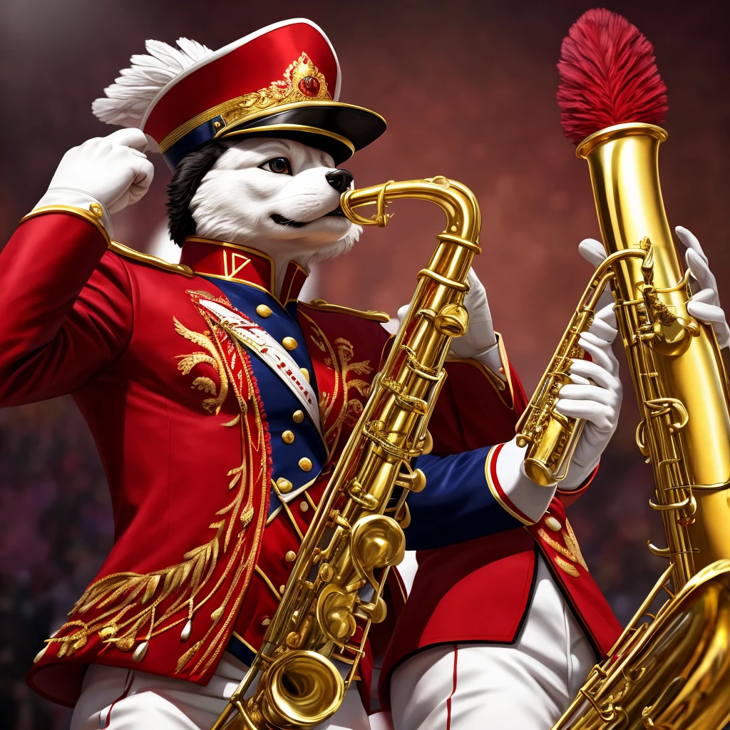 The puppy is playing the saxophone, master piece, ultra detailed, hyper realistic, lifelike photograph, marching band uniform featuring a bold crimson jacket with intricate gold embroidery, crisp white pants with sharp black stripes, a majestic plume-adorned shako, and gleaming white gloves,