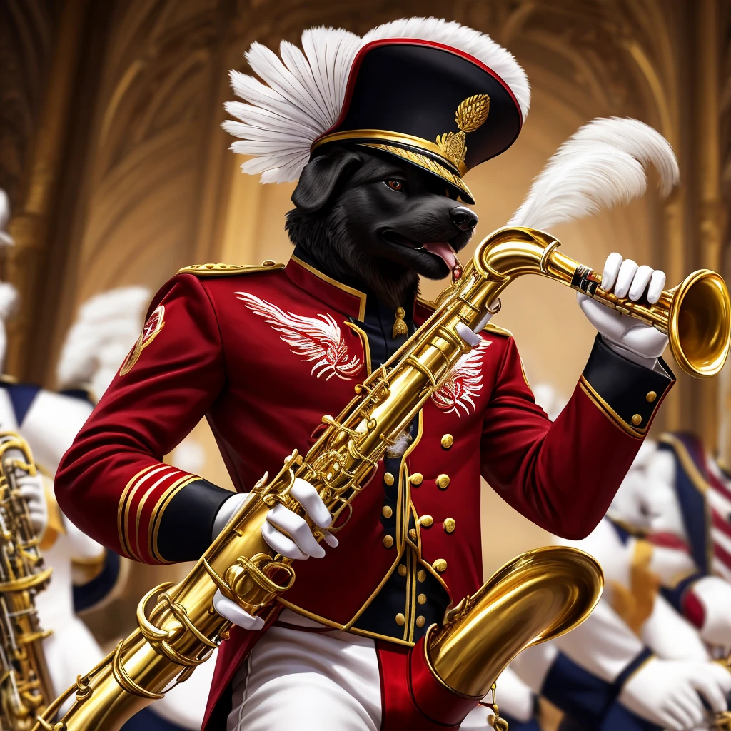 The puppy is playing the saxophone, master piece, ultra detailed, hyper realistic, lifelike photograph, marching band uniform featuring a bold crimson jacket with intricate gold embroidery, crisp white pants with sharp black stripes, a majestic plume-adorned shako, and gleaming white gloves,