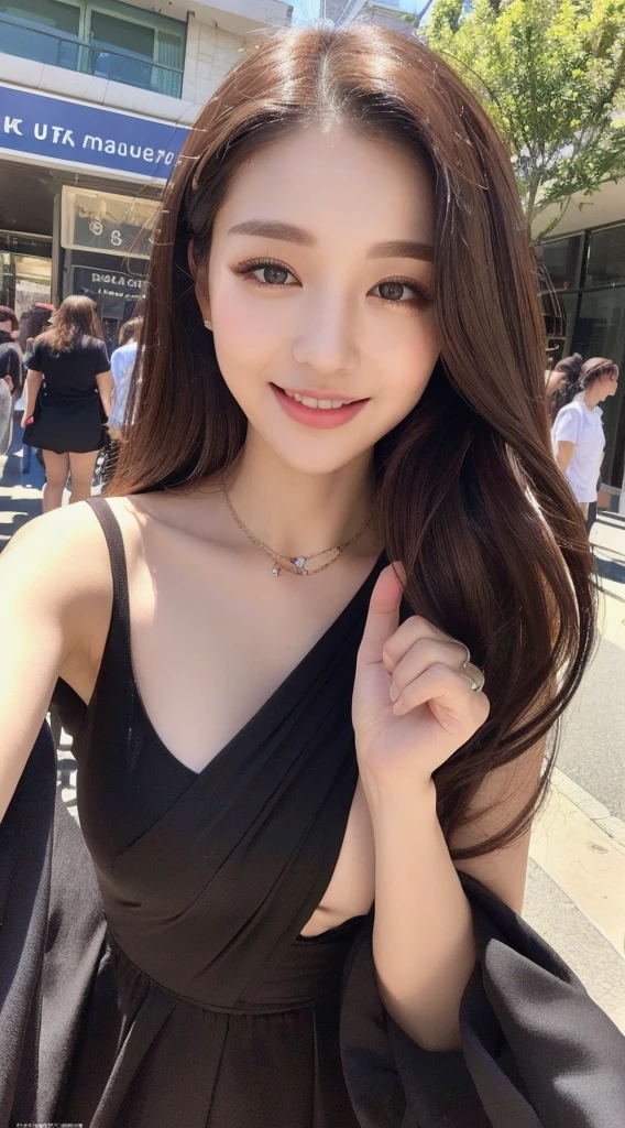 ((Best quality, 8k, Masterpiece :1.3)), 1girl, smiling, full body, slim face, Pretty woman, (Dark brown hair), full length dress :1.1, Ultra-detailed face, Detailed eyes, Double eyelid,  blur background, slim face, city, outside, street,