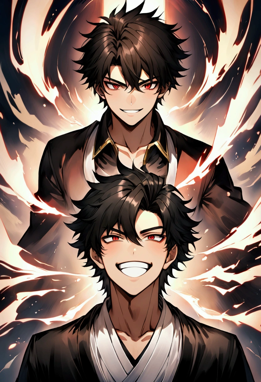 homem de , long black hair, with a red eyes, with the , and a manic smile
