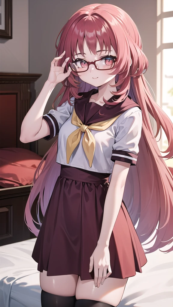 masterpiece, perfect lighting, (beautiful, best quality: 1.3), perfect eyes, absurd, 8k, 1 girl, alone, (absurdities), finely detailed, ai_mie, long hair, red eyes, red hair, red glasses, small breasts , smiling, eyes wide open, looking at viewer, Meaves, Glasses, long hair, black stockings, Seraphuku, sailor collar, yellow scarf, white shirt, purple eyes, red dress, red hair,  room with bed