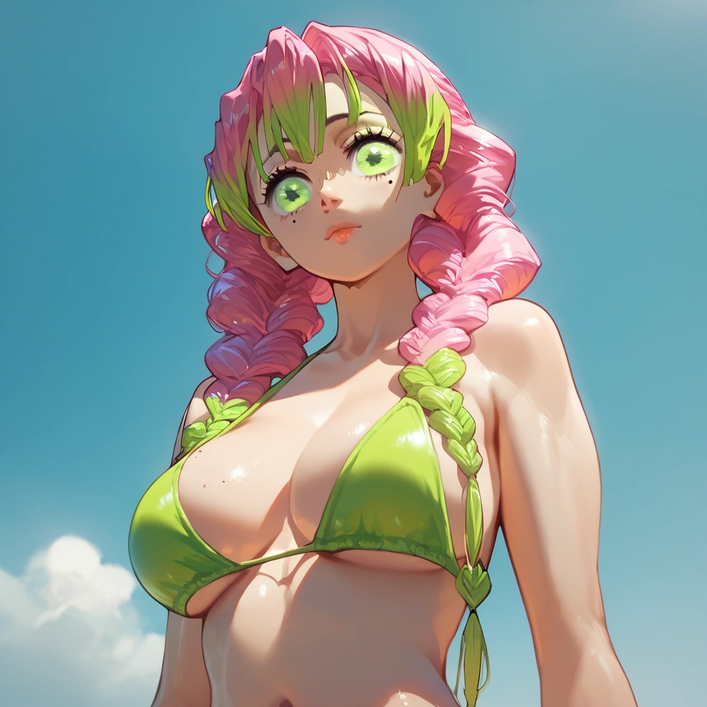 score_9, score_8_up, score_7_up, score_6_up,ChopioMitsuri, long hair, pink hair, green hair, twin braids, multicolored hair, green eyes, eyelashes, mole under eye, looking at viewer, large breasts, bikini, lime bikini, 