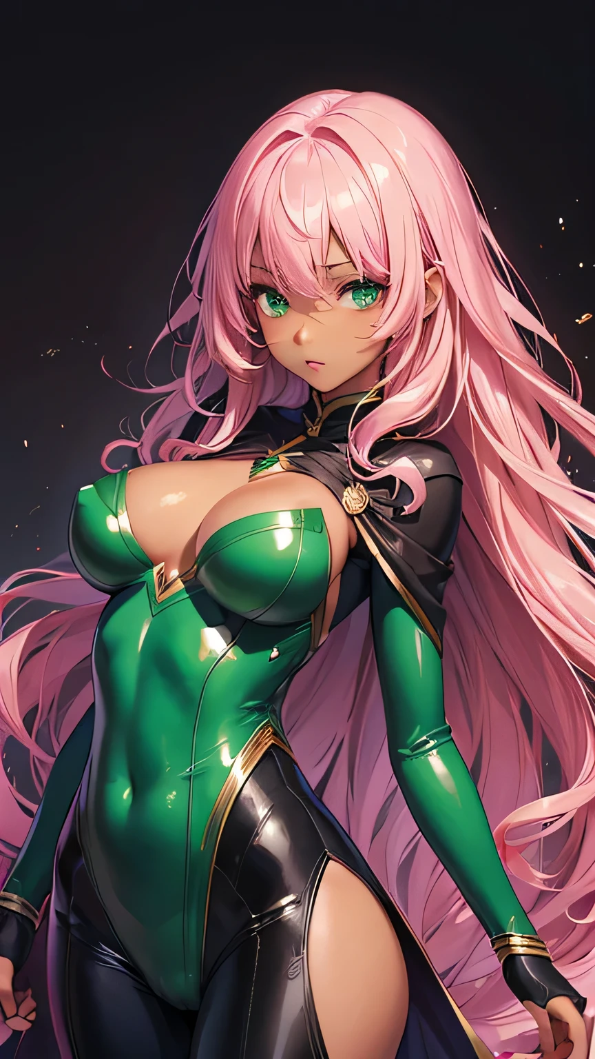 highest quality、Realistic、girl、zoom、Emerald green eyes、Pink long curly hair、Hero Suit、Glossy bodysuit、Cape、Brown black skin、slender、Dark Skin、Large Breasts、Bust Shot、Top view
