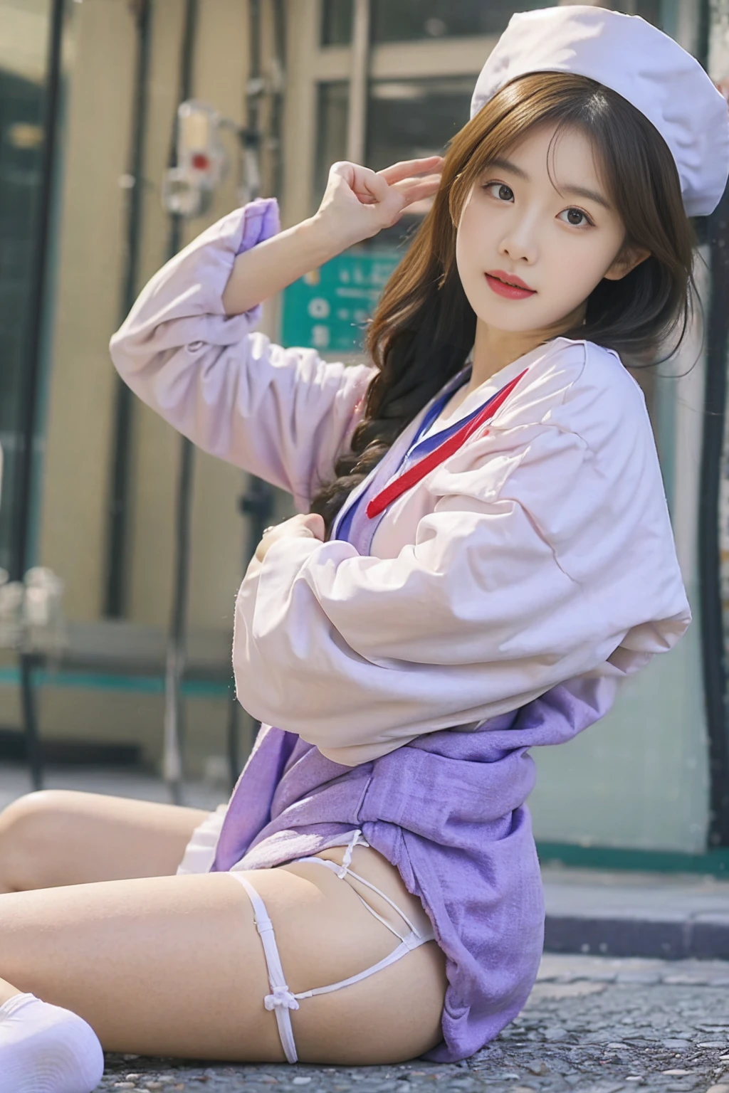 Nurse,Nurse服,Hospital,cute,,beauty,sexly, Long white stockings,,whole body, Touch your ass with your hand.