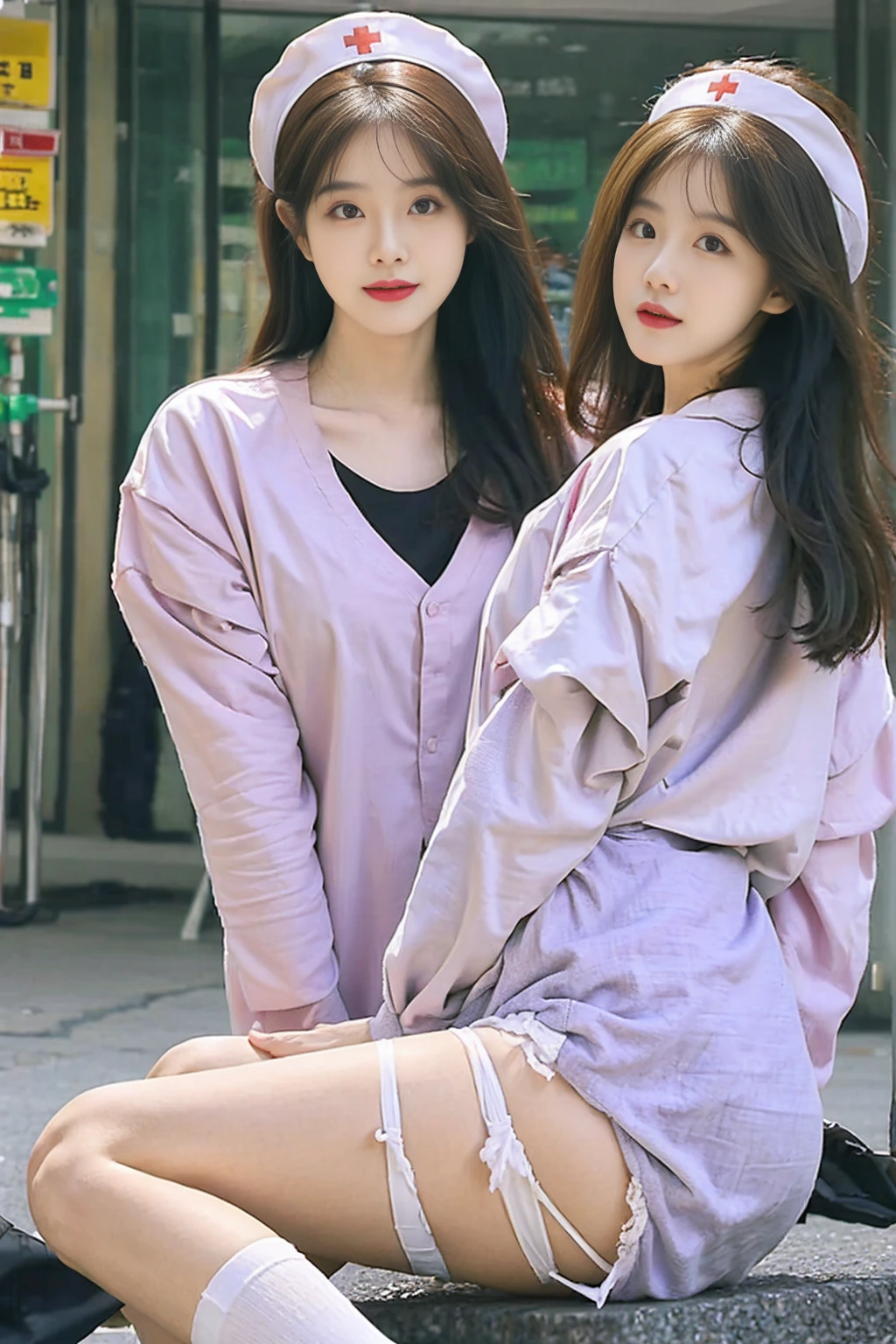 Nurse,Nurse服,Hospital,cute,,beauty,sexly, Long white stockings,,whole body, Touch your ass with your hand.