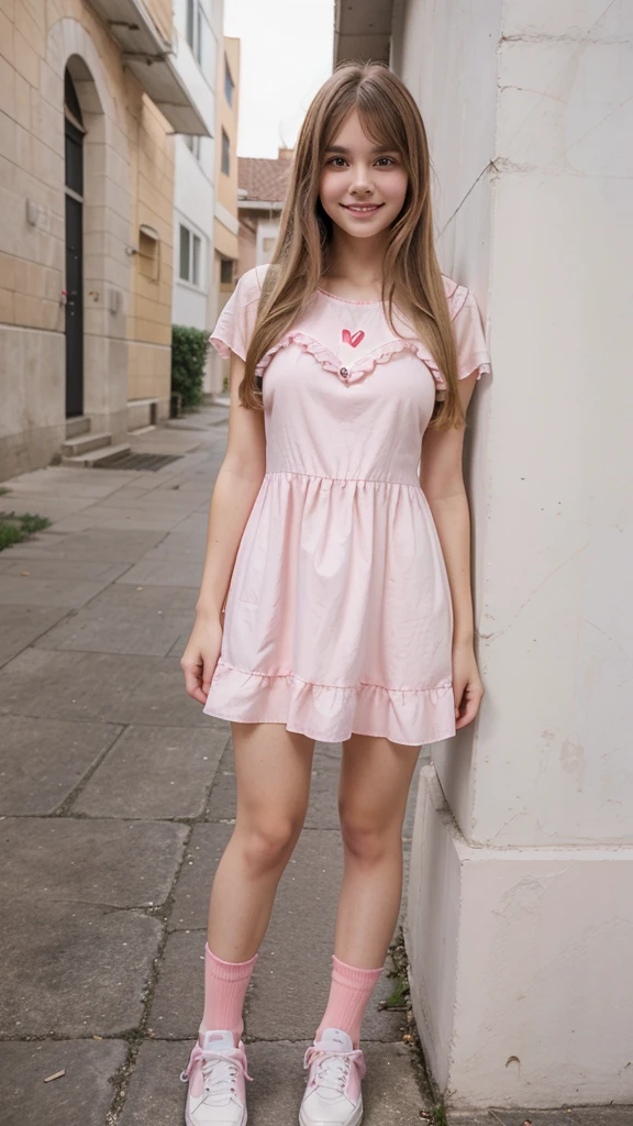 An American beautiful face, high school girl with hangs haircut and long hairs (blondge) eyes are wider, lips are heart shape, cute smile, innocent face, 155cm height tall, wearing frock cute pink with loose socks and shoes white and pink
