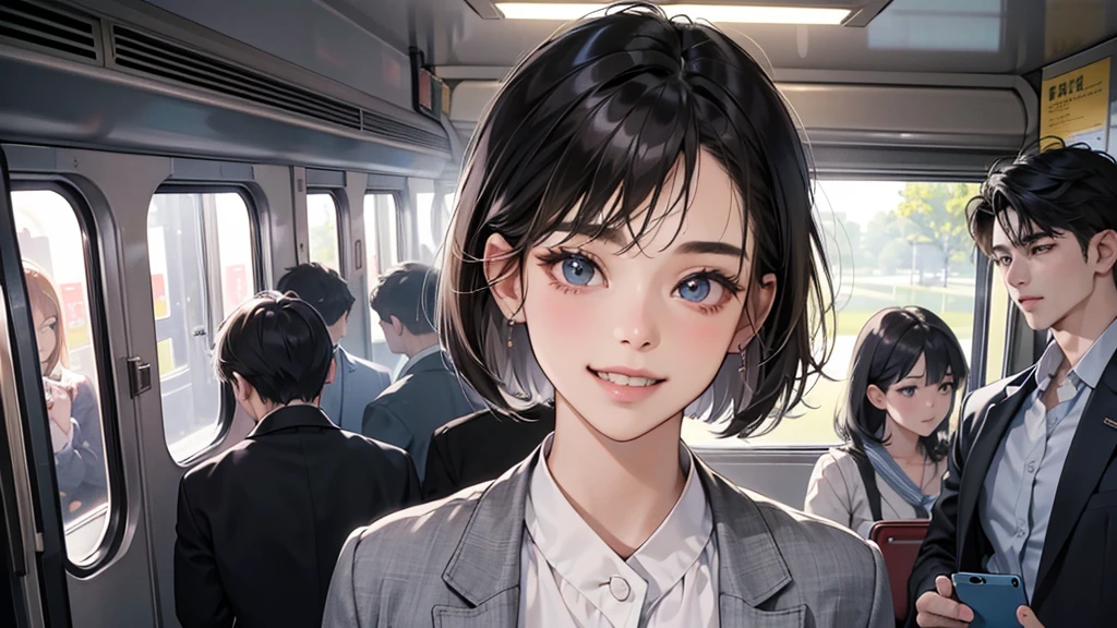 (perfect anatomy:1.2)(absurdres, highres, ultra detailed),masterpiece,best quality,high resolution,8k,Realistic face,Realistic skin texture,magnified textures, stunning clarity,detailed anime girl,(ultra detailed eyes and face),21years old,she is office worker,in te train morinig,vity.,smile,grin]:1.2,black hair, bob cut,natural make,)(1 girl:1,2)grey jacket and pants,white brouse,;light brown sitting near winfows,sparkling eyes.small nose,roundface,She looks happily at her smart phone.Clear morning light、(perfect anatomy:1.2)(absurdres, highres, ultra detailed),masterpiece,best quality,high resolution,8k,Realistic face,Realistic skin texture,magnified textures, stunning clarity,detailed anime girl,(ultra detailed eyes and face),21years old,she is office worker,in the train morinig,vity.,smile,grin]:1.2,black hair, bob cut,natural make,grey jacket and pants,white brouse,light look at winfows,sparkling eyes.small nose,roundface,She looks happy, have a one smart phone.Clear morning light、Crowded train in Japan