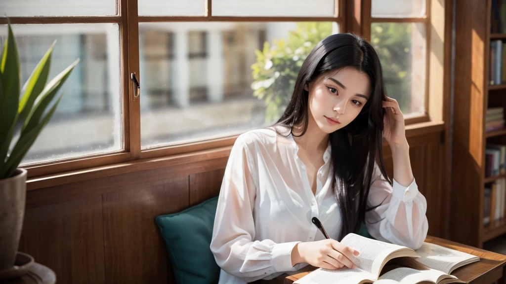 A beautiful woman in her 20s with long black hair and a white blouse reading a book alone by a large window