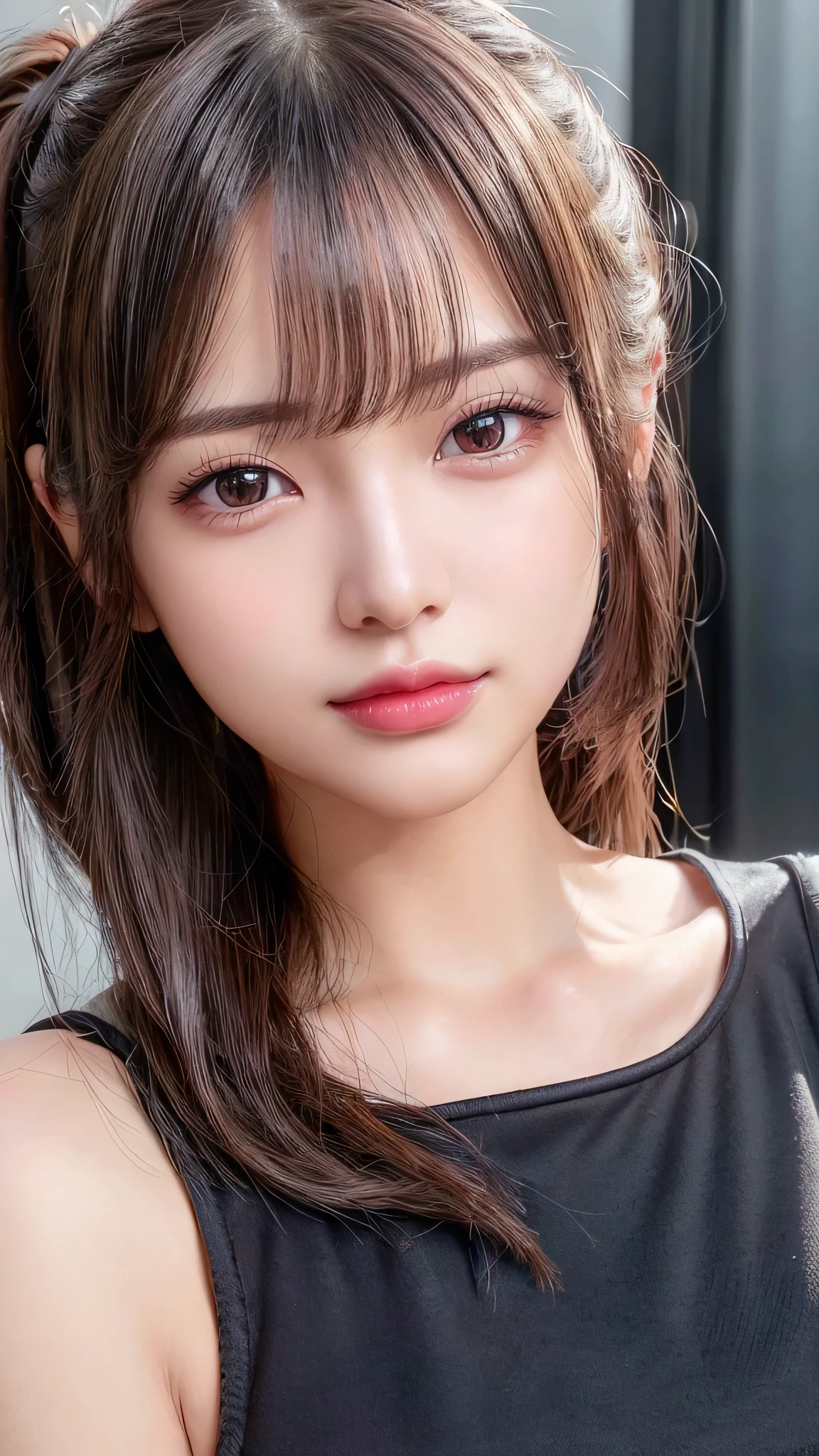 Lipstick in hand,Cosmetics commercial style,Commercial filming studio,close up face,Black Dresses,Ultra-detailed, finely detail, hight resolution, 8K Wallpaper, Perfect dynamic composition, Beautiful detailed eyes,,Close-up of face,,Blushing,Facing forward,Long hair ponytail,((8k, Raw photo, Best Quality, Mastepiece:1.2), (Realism, Photorealistic:1.4), (Highly detailed 8K wallpapers), Depth of written boundary, Cinematic Lighting, Soft Light, Detailed Beauty Eye,Shiny and smooth light brown ponytail, Asymmetrical bangs, Shiny skin, Ultra-detailed skins ,It is high resolution., High detail, Detailed hairstyle, Detailed facial beauty, Hyper-realistic, Perfect limbs, Perfect Anatomy ,1 Japanese girl,Famous Japanese Idols, Perfect female body,A shy smile,Short eyelashes,Double-edged eyelids,Look straight here,Hair style: ponytail,