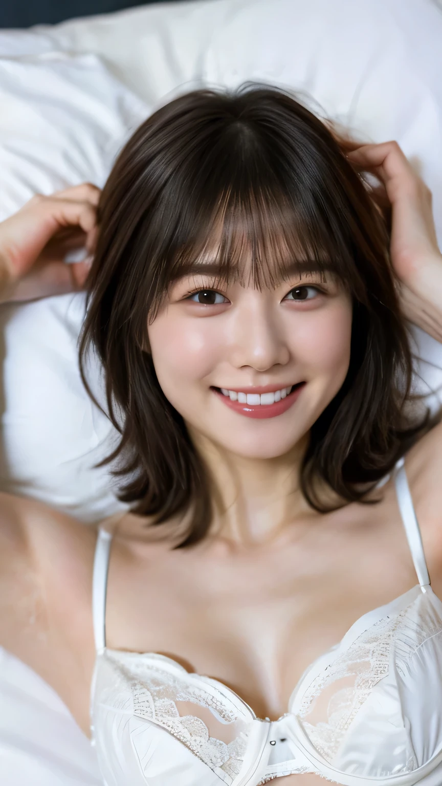 ((Highest quality、masterpiece、、Best image quality、Ultra-high resolution、Award-winning works)、(Girl in white lingerie:1.8)、(Accurate anatomy:1.1)、(On the bed、Sleep on your back:1.8)、(smile:1.8)、Camera staring、Spread your legs:1.7、Ultra-high resolution for bright and fair skin、The most detailed face、Ultra-high resolution detailed face、Ultra-high resolutionの髪の毛、Short Bob、Ultra-high resolutionの煌めく瞳、Beautiful face drawn in every detail、(Blurred Background:1.1)、very bright and vivid、beautiful japanese actress face、whole body:1.6、Small breasts:1.6