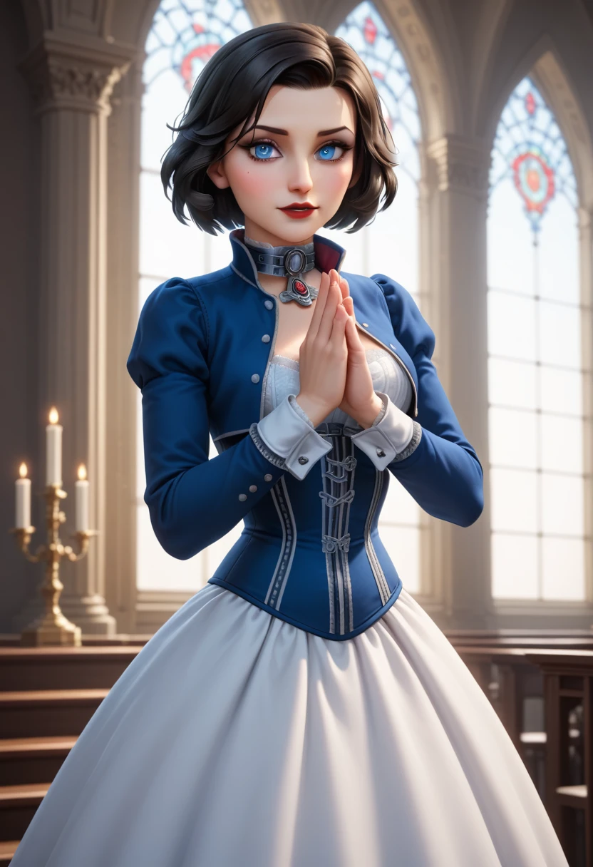 1girl, Elizabeth, bioshock infinite, praying hands, perfectly drawn hands, red lips, black hair, short hair, blue eyes, royal blue bolero jacket with white cuffs and a built-up collar hemmed with a delicate white lace and a matching full-length voluminous long dress. A white petticoat's lace trim is visible at the bottom of the skirt. Underneath the open jacket is an intricately laced white corset, with black bone casing, giving her an hourglass-shaped waist. intricate detail, very detailed, masterpiece quality, ultra HD, 4K, best quality,