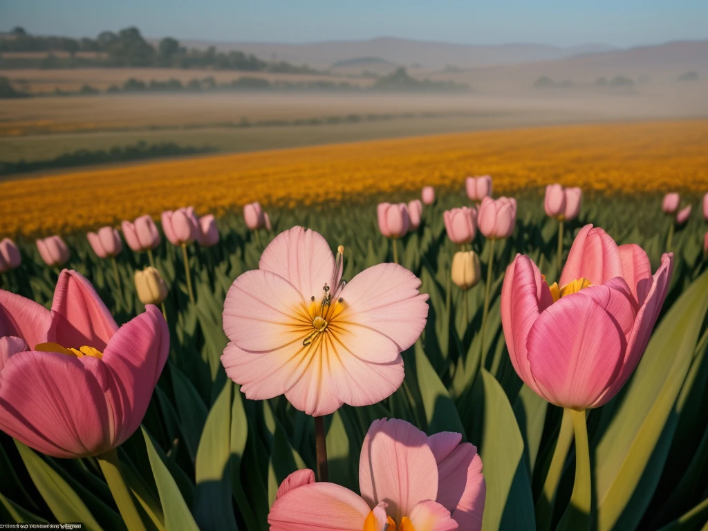 (Masterpiece, highest quality:1.2), a close up butterfly on a hill with a beautiful tulip flowers, fog and tree background, direct sunset lighting, background, no people, highground, best quality, Dynamic Lighting, Artstation, full color ultra detail