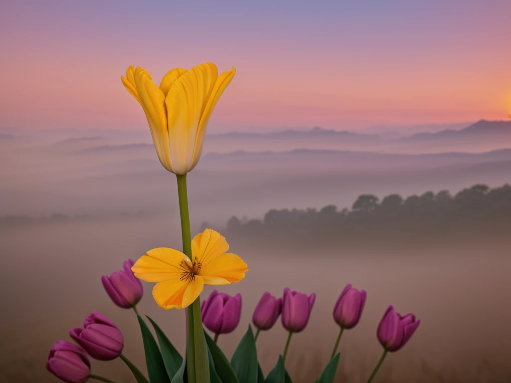 (Masterpiece, highest quality:1.2), a close up butterfly on a hill with a beautiful tulip flowers, fog and tree background, direct sunset lighting, background, no people, highground,  best quality, Dynamic Lighting, Artstation, full color ultra detail