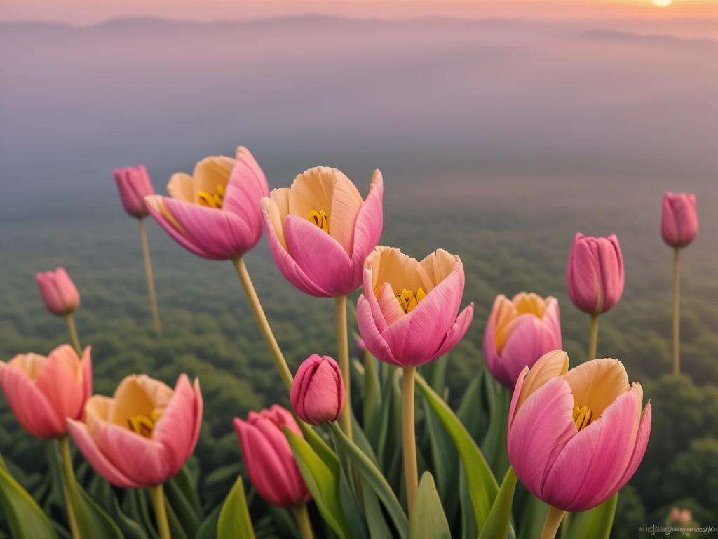 (Masterpiece, highest quality:1.2), a close up butterfly on a hill with a beautiful tulip flowers, fog and tree background, direct sunset lighting, background, no people, highground, best quality, Dynamic Lighting, Artstation, full color ultra detail