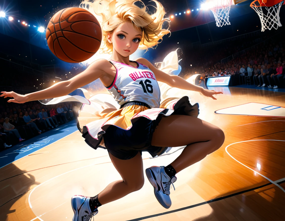 Arafed a sports capture picture of a beautiful ballet dancer (dunking at a basketball game: 1.3) at a basketball game, an exotic beautiful ballet dancer, blond hair, long hair, dynamic eyes color, concentrated look, determined look, best detailed face, dynamic skin color, wearing ballet clothes and shoes, and dunking, ultra wide shot, photorealistic, vibrant, Ultra-high resolution, High Contrast, (masterpiece:1.5), highest quality, Best aesthetics), best details, best quality, highres, ultra wide angle, 16k, [ultra detailed], masterpiece, best quality, (extremely detailed),
