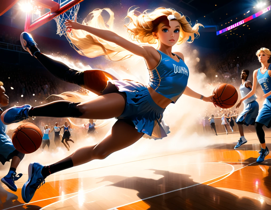 Arafed a sports capture picture of a beautiful ballet dancer (dunking at a basketball game: 1.3) at a basketball game, an exotic beautiful ballet dancer, blond hair, long hair, dynamic eyes color, concentrated look, determined look, best detailed face, dynamic skin color, wearing ballet clothes and shoes, and dunking, ultra wide shot, photorealistic, vibrant, Ultra-high resolution, High Contrast, (masterpiece:1.5), highest quality, Best aesthetics), best details, best quality, highres, ultra wide angle, 16k, [ultra detailed], masterpiece, best quality, (extremely detailed),