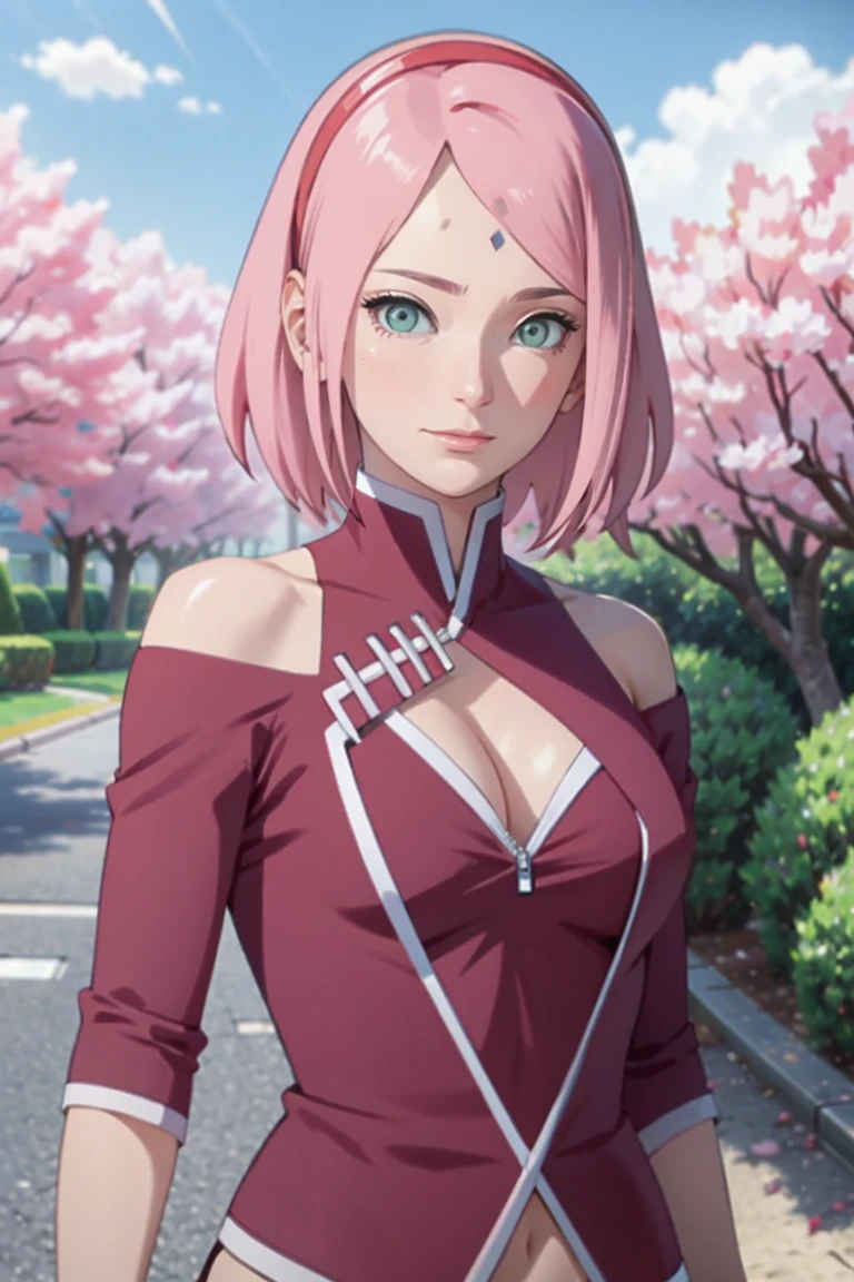 tmasterpiece, Best quality at best, 1girll, Sakura Haruno, Large breasts,Off-the-shoulder attire,(cleavage),(upperbody closeup),Raised sexy,is shy,ssmile,with pink hair,short hair, (Green eyeballs:1.4), Forehead protection, the cherry trees,Cherry blossoms flying,Red clothes,Zipper half, wearing bikini