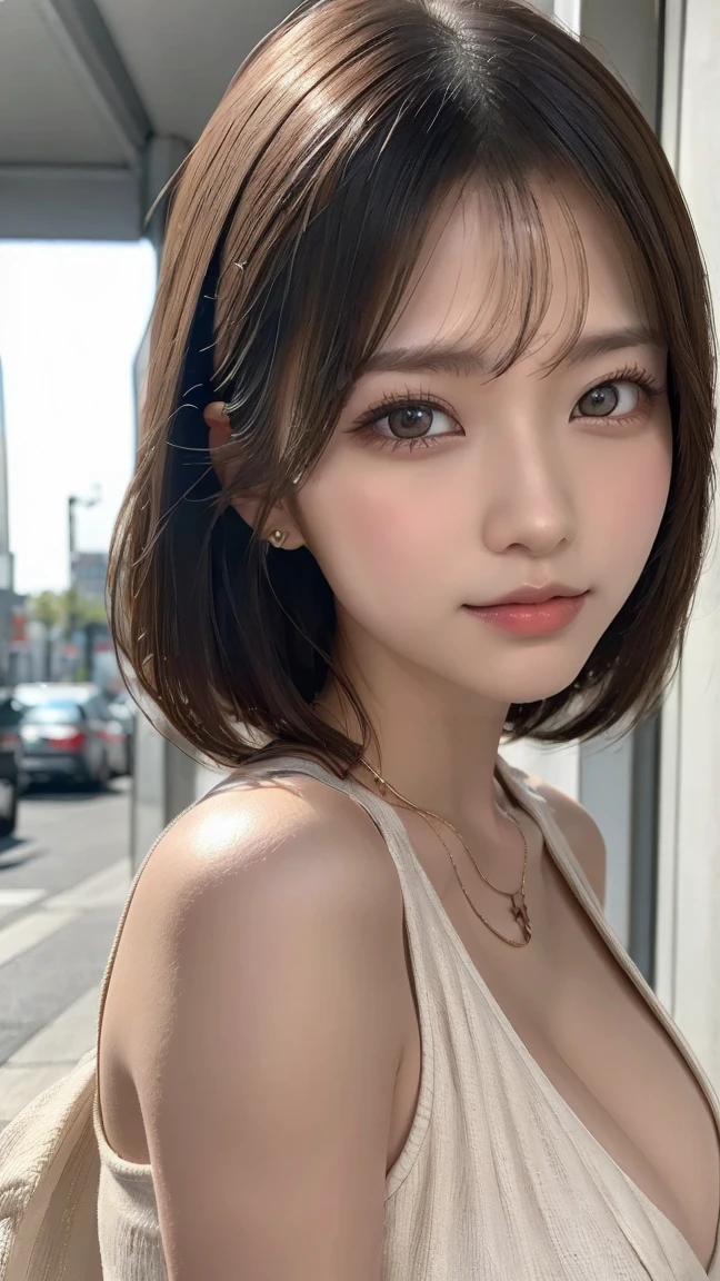 Ultra-realistic capture, Highly detailed, full_body, Skin texture must be natural, With such detail that pores can be finely identified. Skin should look healthy, In a uniform tone. Use natural light and color, (8k, RAW photo, top quality, masterpiece: 1.2), (realistic, photorealistic: 1.37), three-dimensional, ultra detail, ultra high resolution, beautiful detailed face, super beautiful detailed eyes, one girl, beholder, constriction, slim waist, beautiful detailed skin, skin texture, floating hair, professional lighting, (Japanese beautiful and cute girl:1.2), long hair, bob cut, beautiful hair, 20 years old, slim waist, big breasts, cleavage, look at viewer, full body, in the city sidewalk, (smiles:1.1), bracelet, earing, necklace, (fancy dress, long dress, dress lift, two-tone dress), high heels