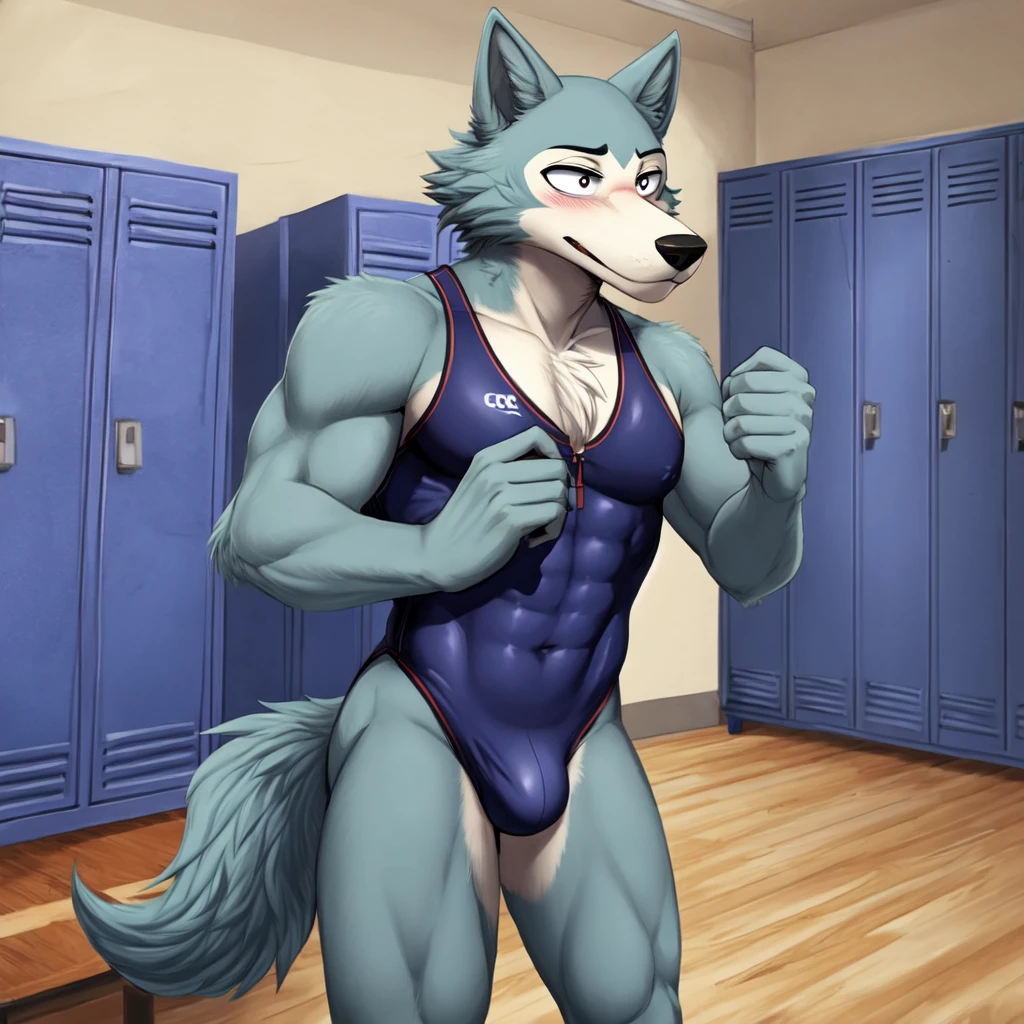 Male, wolf, Legoshi, beastars, masculine, shy expression, naked, school swimsuit, blue one-piece leotard, bulge, lockers room