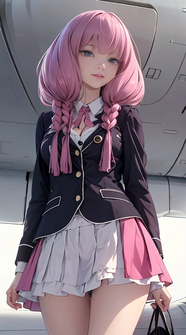 Highest quality, masterpiece, 8k, Ultra-high resolution, (Photorealistic:1.4), One Girl、Beautiful Face、Symmetrical eyes、huge 、Perfect Body Proportions、Stewardess Uniform、Frilled Skirt、Look at the viewers、(Inside the plane:1.2)、View from the front、shoulder、Angle from below、View from below、Thigh Emphasis、Cleavage、Seductive pose、Pink lace panties