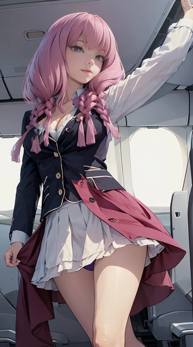 Highest quality, masterpiece, 8k, Ultra-high resolution, (Photorealistic:1.4), One Girl、Beautiful Face、Symmetrical eyes、huge 、Perfect Body Proportions、Stewardess Uniform、Frilled Skirt、Look at the viewers、(Inside the plane:1.2)、View from the front、shoulder、Angle from below、View from below、Thigh Emphasis、Cleavage、Seductive pose、Pink lace panties