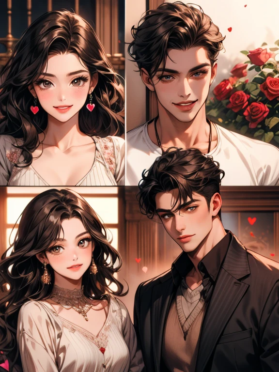 masterpiece, collage of couple,  1 woman, a beautiful female, long wavy black hair, brown eyes, 1 man, a beautiful man, brown eyes , short wavy hair, beautiful smile,  casual outfit, valentine, happy, smile, chocolate, roses, hearts