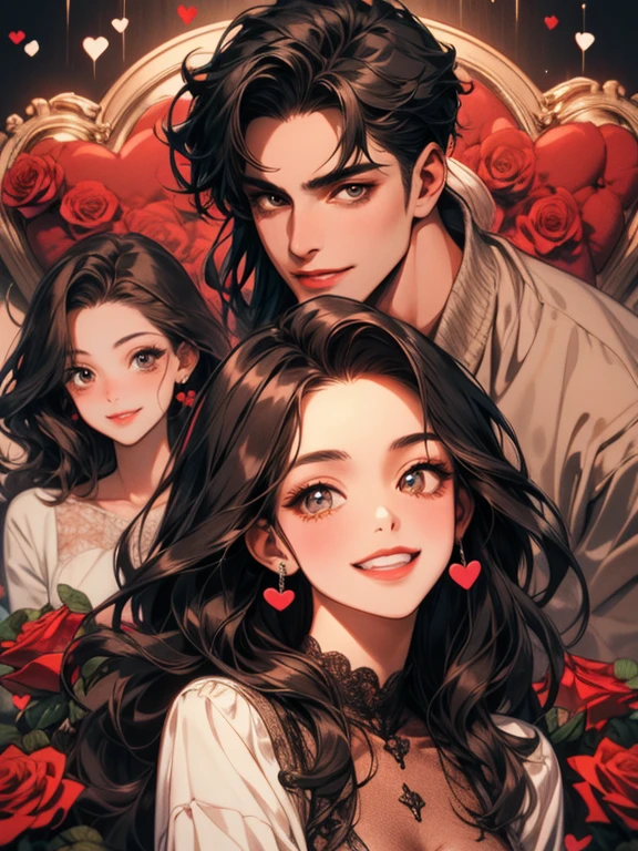 masterpiece, collage of couple, 1 woman, a beautiful female, long wavy black hair, brown eyes, 1 man, a beautiful man, brown eyes , short wavy hair, beautiful smile, casual outfit, valentine, happy, smile, chocolate, roses, hearts