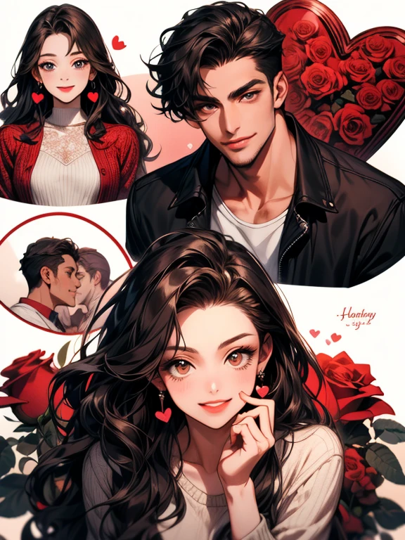 masterpiece, collage of couple, 1 woman, a beautiful female, long wavy black hair, brown eyes, 1 man, a beautiful man, brown eyes , short wavy hair, beautiful smile, casual outfit, valentine, happy, smile, chocolate, roses, hearts