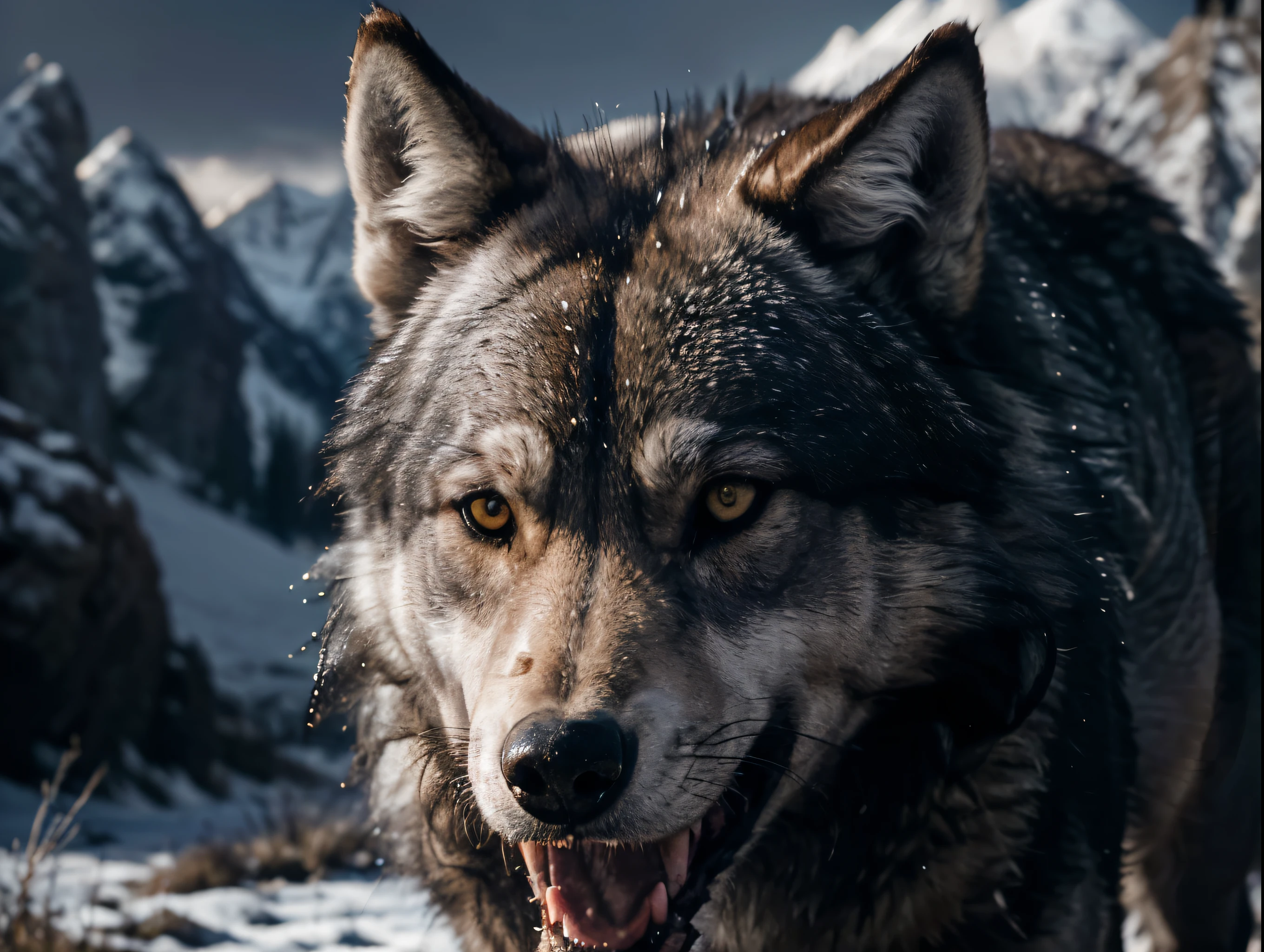 a fierce grey wolf, detailed anatomy, intense eyes, sharp teeth, muscular body, wilderness landscape, natural light, cinematic composition, (best quality,4k,8k,highres,masterpiece:1.2),ultra-detailed,(realistic,photorealistic,photo-realistic:1.37),dramatic lighting,moody colors,dramatic atmosphere,intricate fur details,powerful presence