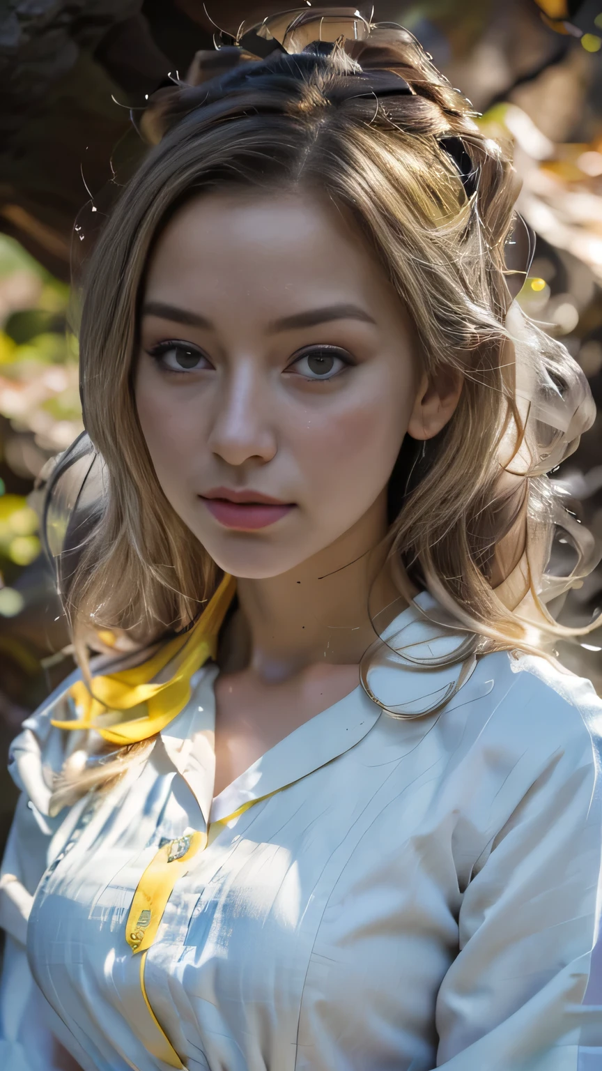 (Surreal), (picture), (High resolution), (In 8K), (Very detailed), (Best Illustration Photos), (Beautiful and fine details), (Highest quality), (Ultra-detailed), (masterpiece), (wallpaper), (Detailed face), solo, One Girl, Blonde Wavy Hair, Korean Beauty,Black Eyes, ((A loose-fitting blue and yellow checked maid outfit)), Long legs, Toned Abs, stockings、((In a dark cave))、(Pause_random)、(Face close-up)