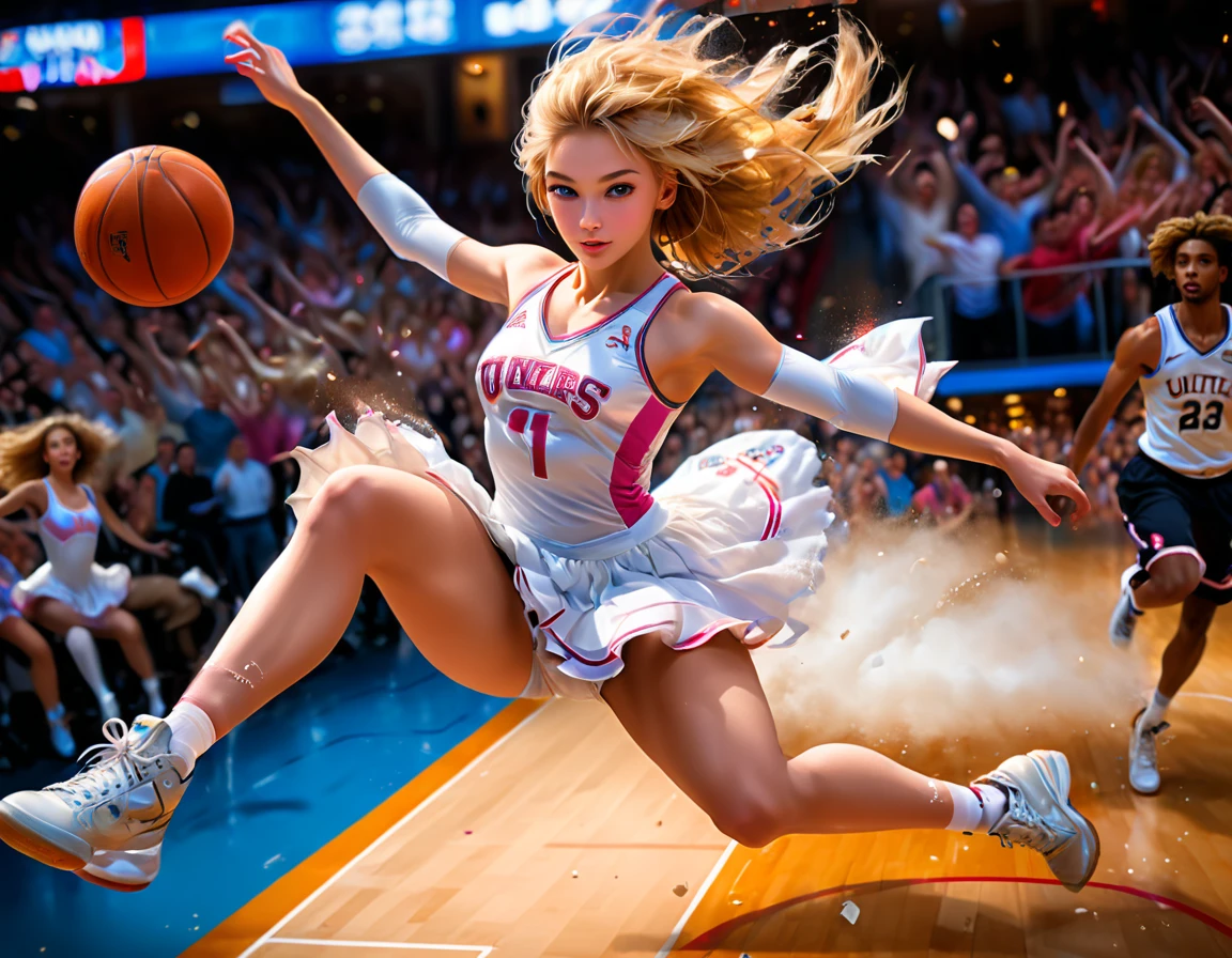 Arafed a sports capture picture of a beautiful ballet dancer (dunking at a basketball game: 1.3) at a basketball game, an exotic beautiful ballet dancer, blond hair, long hair, dynamic eyes color, concentrated look, determined look, best detailed face, dynamic skin color, wearing ballet clothes and shoes, and dunking, ultra wide shot, photorealistic, vibrant, Ultra-high resolution, High Contrast, (masterpiece:1.5), highest quality, Best aesthetics), best details, best quality, highres, ultra wide angle, 16k, [ultra detailed], masterpiece, best quality, (extremely detailed),