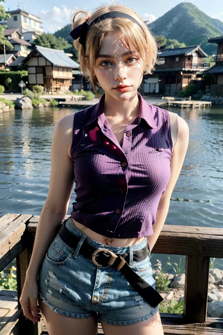 1girl ((30 years old woman)), tarankaaa, NOT DASHA TARAN, standing position, perfect body, best quality, 32k, photograph, full body (head to toe), tone mapping, ((houjou satoko,short hair,black hairband,blonde hair,violet eyes,hair between eyes,collared shirt,sleeveless shirt,pink shirt,shirt tucked in,small breasts,belt,short shorts,blue shorts,white socks,pink footwear, athletic, big girl)), asian-european, ((golden blonde hair, short hair, purple eyes)) perfectly drawn hands, ((masterpiece)), ((highres)), ((detailed background)), japanese village background, next to a river, (big proportions), cute pose, smiling, ((perfect eyes, detailed eyes, realistic eyes)), ((sharp face, detailed face, realistic face, natural skin, realistic skin, detailed skin, pores)), 