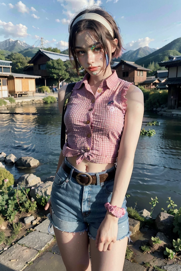 1girl ((30 years old woman)), tarankaaa, NOT DASHA TARAN, standing position, perfect body, best quality, 32k, photograph, full body (head to toe), tone mapping, ((houjou satoko,short hair,black hairband,blonde hair,violet eyes,hair between eyes,collared shirt,sleeveless shirt,pink shirt,shirt tucked in,small breasts,belt,short shorts,blue shorts,white socks,pink footwear, athletic, big girl)), asian-european, ((golden blonde hair, short hair, purple eyes)) perfectly drawn hands, ((masterpiece)), ((highres)), ((detailed background)), japanese village background, next to a river, (big proportions), cute pose, smiling, ((perfect eyes, detailed eyes, realistic eyes)), ((sharp face, detailed face, realistic face, natural skin, realistic skin, detailed skin, pores)),