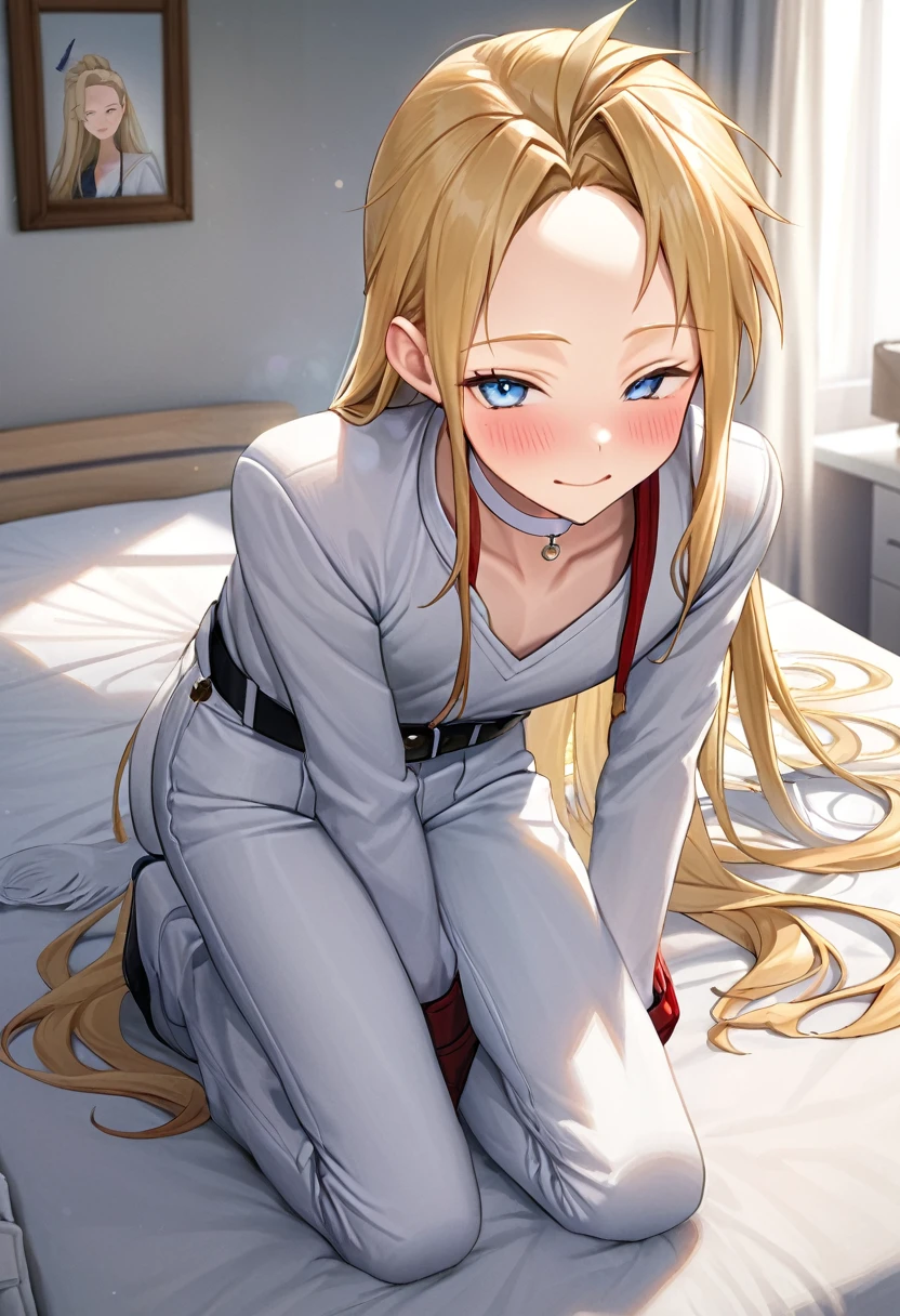 1 boy, solo, black eyeliner, medium length blonde hair, handsome, blue eyes, white choker, white long bandage glove, kneeling, white pants, bed, room, red lipstick, blush, thin waist, thick eyelashes, (long eyelashes, detailed eyelashes), ((blonde long bangs on forehead)), (best quality,4k,8k,highres,masterpiece:1.2),ultra-detailed,(realistic,photorealistic,photo-realistic:1.37),studio lighting,vivid colors