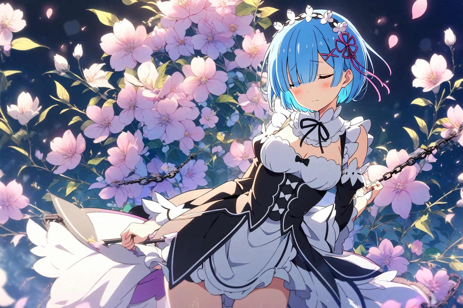 1girl, rem re:zero, re, holding flail, blue hair, maid outfit, shy expression, slightly revealing dress, blossoming floral background, highly detailed, best quality, anime style, soft lighting, composition emphasizing Rem's shyness and allure against a vibrant floral backdrop