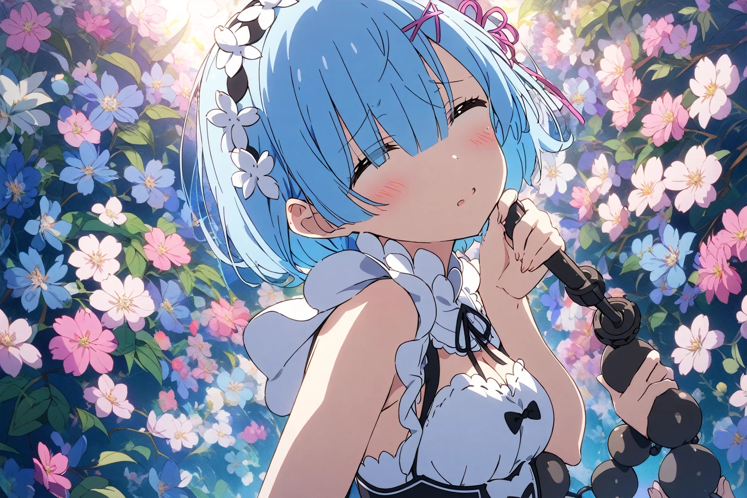 1girl, rem re:zero, re, holding flail, blue hair, maid outfit, shy expression, slightly revealing dress, blossoming floral background, highly detailed, best quality, anime style, soft lighting, composition emphasizing Rem's shyness and allure against a vibrant floral backdrop