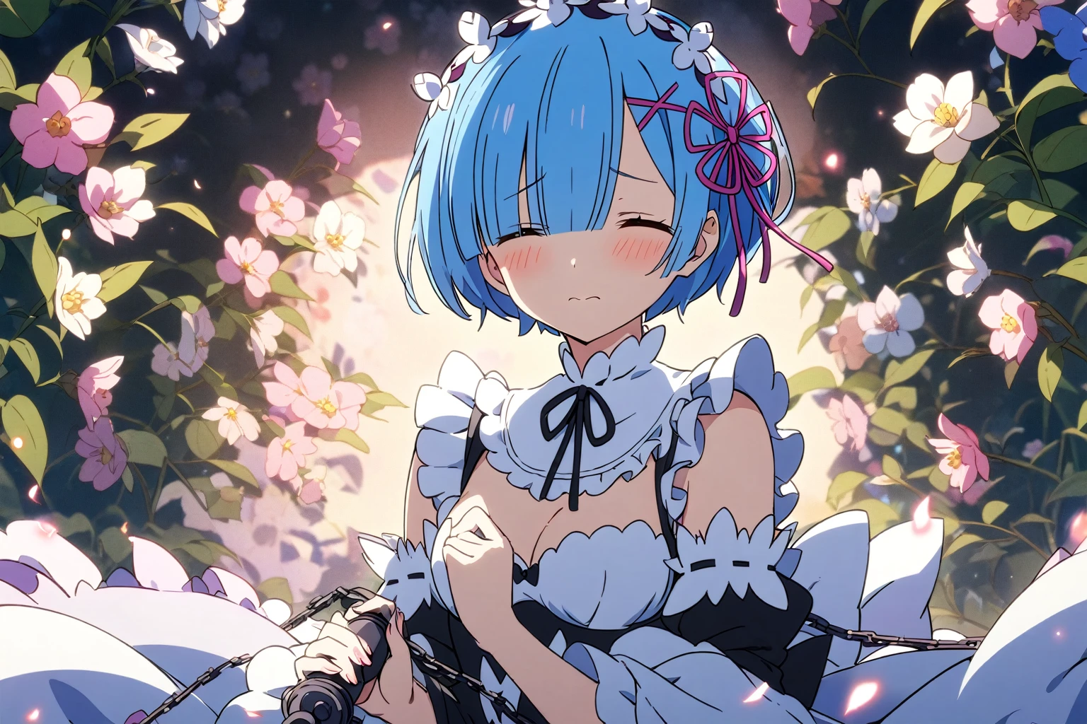 1girl, rem re:zero, re, holding flail, blue hair, maid outfit, shy expression, slightly revealing dress, blossoming floral background, highly detailed, best quality, anime style, soft lighting, composition emphasizing Rem's shyness and allure against a vibrant floral backdrop