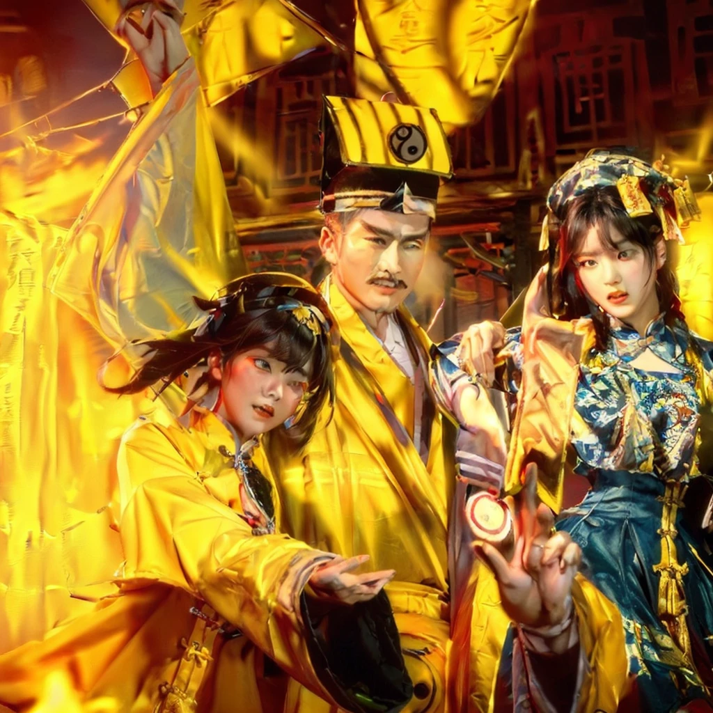 中间是一个yellow袍Taoist priest头往上看，Shout，There are two zombies in blue clothes on the side，Spells，yellow， Inspired by Wu Bin, Taoist priest，