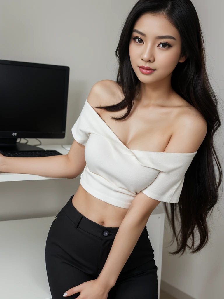1girl, high quality, high resolution, 4k, 22 year old beautiful asian girl, very slim, tall. black hair, off shoulder, sexy secretary clothes, trousers, shirt, lips, realistic, nose, flirting with camera, bending on office desk, nice ass, looking seductively at viewer