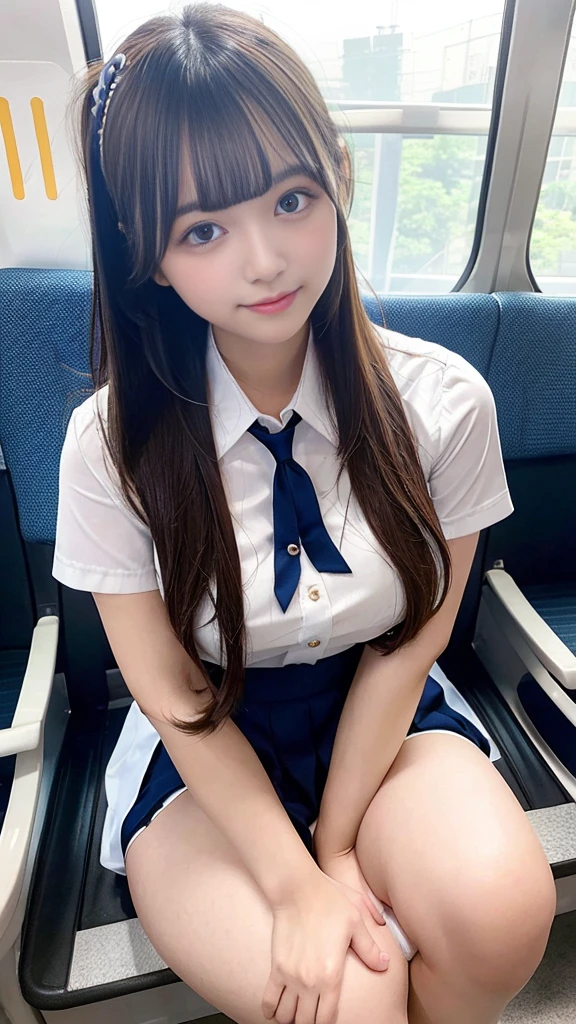 Close-up: A high school girl with long, beautiful legs and huge breasts is wearing a summer uniform and is sitting with her legs spread wide on the seat, seducing me on the train.