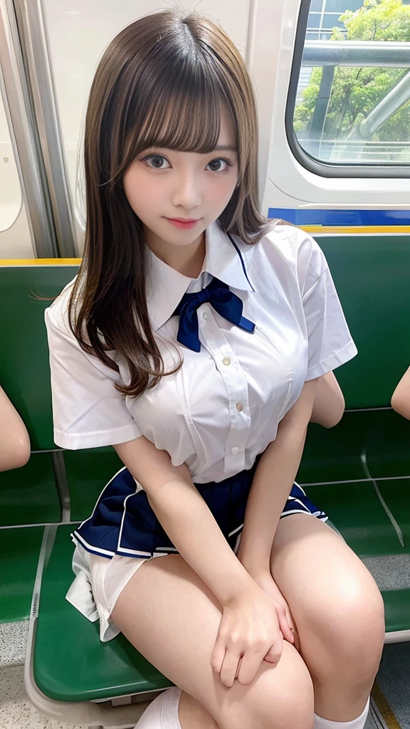 Close-up: A high school girl with long, beautiful legs and huge breasts is wearing a summer uniform and is sitting with her legs spread wide on the seat, seducing me on the train.