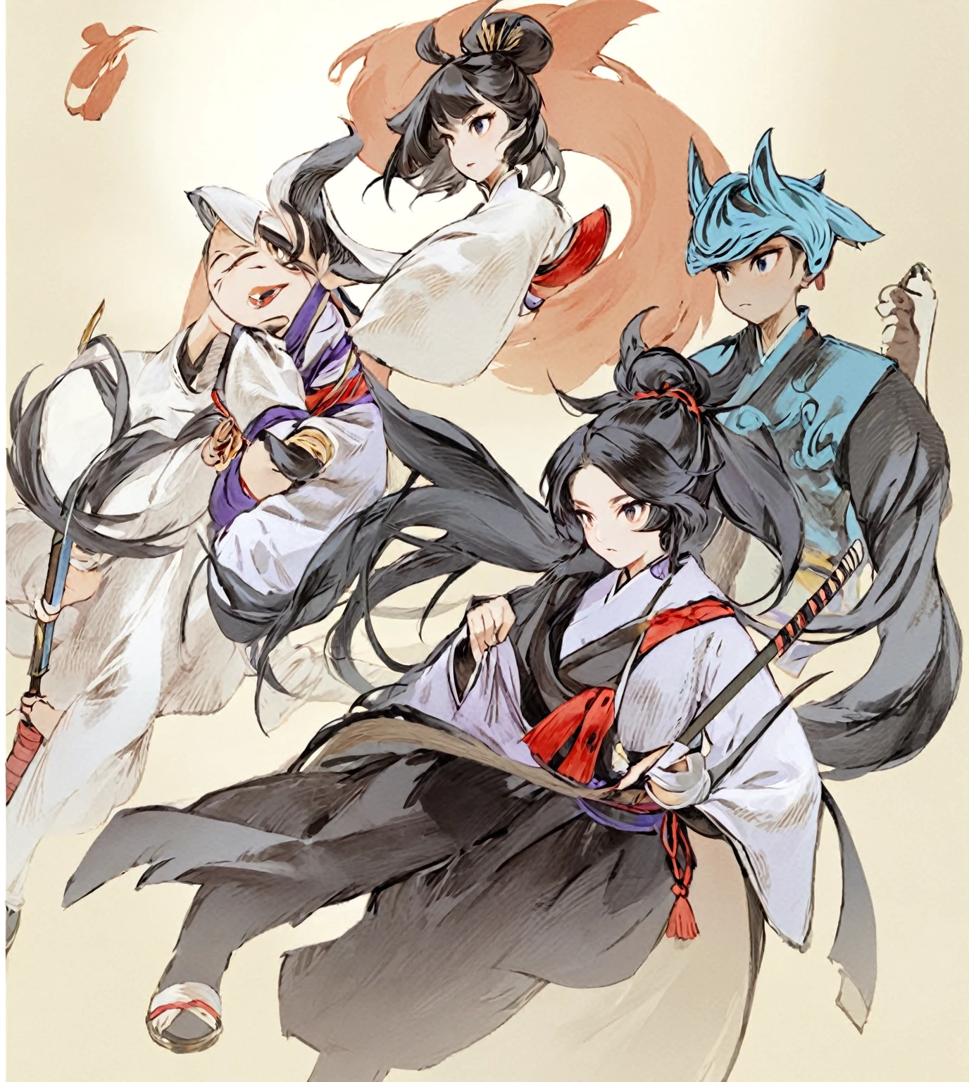 A group of anime characters holding swords and a woman in a white dress, Onmyoji, Onmyoji detailed art, Full body martial arts, Genshin Impact, Onmyoji portrait, Three Kingdoms of China, wuxia, author：Yang J, Genshin Impact impact character, heise jinyao, Anime Cover, xianxia fantasy, Chinese Fantasy