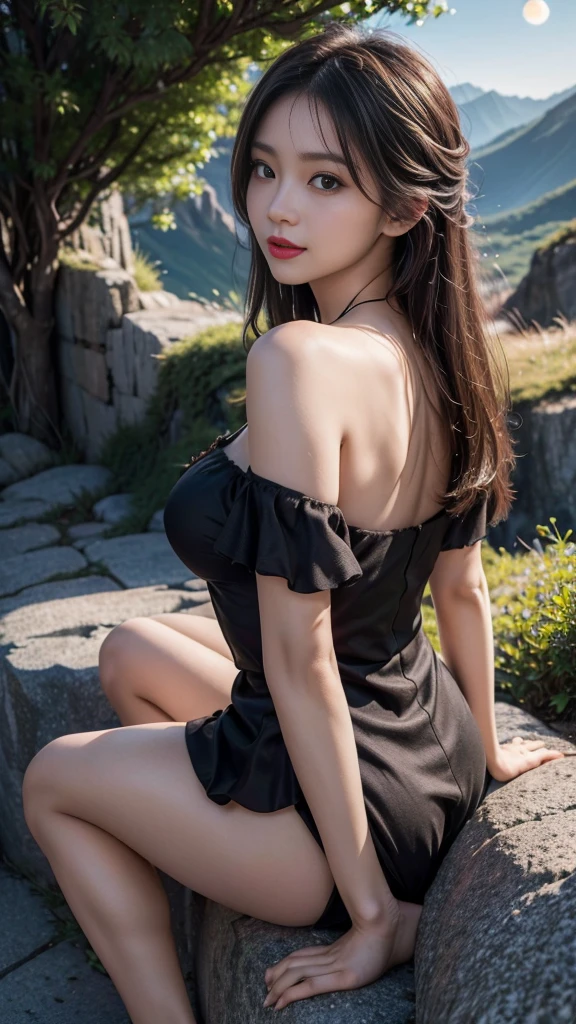 Sweet girl clothes10,korean dress, ((bare shoulders)), ((whole body)), actual, Fashion girl, red lips, mature women, cosmetic, big eyes, beautiful eyes, ((whole body)), (best quality, masterpiece:1.2), super detailed, (actual:1.37), ((from back)), ((Sexy long legs)), beautiful, young and energetic, Charming model with, plumble breasts, cleavage, looking at background, ( (full body)), Dynamic posing, Random perspective shooting, ((in the mountains, plant, sitting position, Leaning against the rocks)) (exquisite eyes, Detailed lips, extremely exquisite eyes), Show a bright smile, Create stunning girl images, warm color, Extremely high color saturation, official art, Extremely detailed CG unified 8k wallpaper,(high dynamic range :1.4), (cinematic),(pastel colors, The color is dull, soothing tone :1.3), (natural skin texture, ultra-actual, soft light, sharp),(Very detailed), night, moonlight