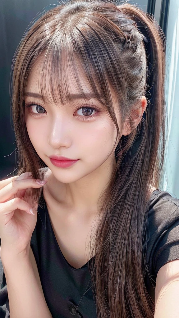 Lipstick in hand,Cosmetics commercial style,Commercial filming studio,close up face,Black Dresses,Ultra-detailed, finely detail, hight resolution, 8K Wallpaper, Perfect dynamic composition, Beautiful detailed eyes,,Close-up of face,,Blushing,Facing forward,Long hair ponytail,((8k, Raw photo, Best Quality, Mastepiece:1.2), (Realism, Photorealistic:1.4), (Highly detailed 8K wallpapers), Depth of written boundary, Cinematic Lighting, Soft Light, Detailed Beauty Eye,Shiny and smooth light brown ponytail, Asymmetrical bangs, Shiny skin, Ultra-detailed skins ,It is high resolution., High detail, Detailed hairstyle, Detailed facial beauty, Hyper-realistic, Perfect limbs, Perfect Anatomy ,1 Japanese girl,Famous Japanese Idols, Perfect female body,A shy smile,Short eyelashes,Double-edged eyelids,Look straight here,Hair style: ponytail,