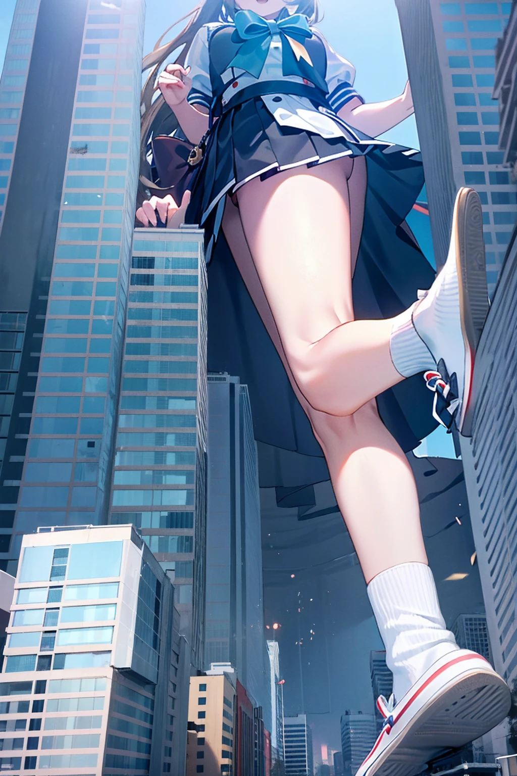 Big girl wearing sneakers,Girl taller than the building,Sailor Suit,Short skirt,White Socks,Girl raising legs high,Rubble-covered soles,Excited expression